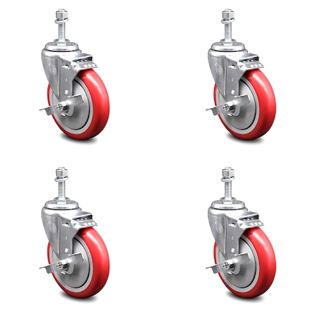 Service Caster 5 Inch Red Polyurethane Swivel 10mm Threaded Stem Caster Set with Brake SCC-TS20S514-PPUB-RED-TLB-M1015-4